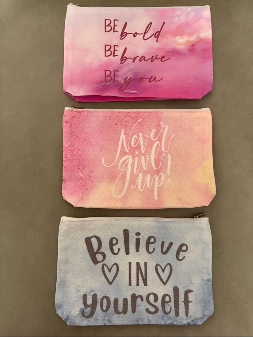 Set of 3 Canvas Inspirational Makeup / Cosmetics Bags Pouches - 9 x 6 inches